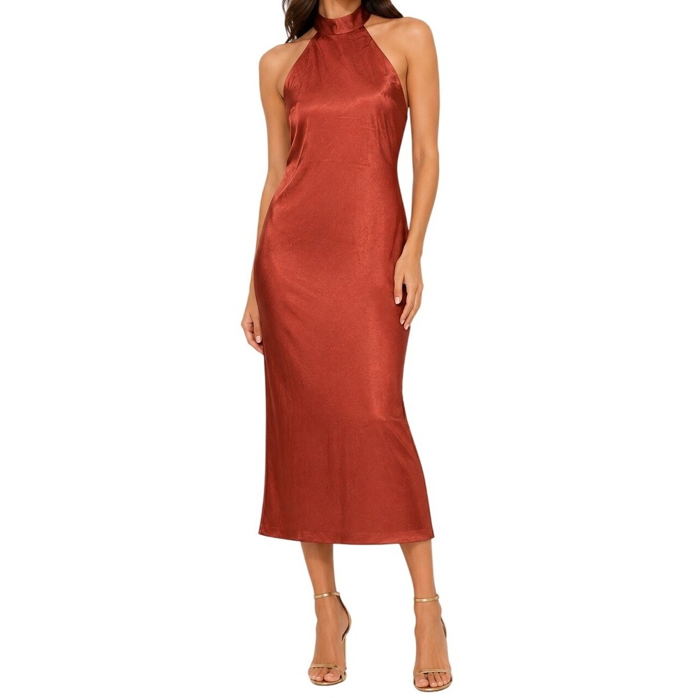 Lulus Rust Satin Halter Midi Dress Sleeveless Wedding Guest Dress S NWT